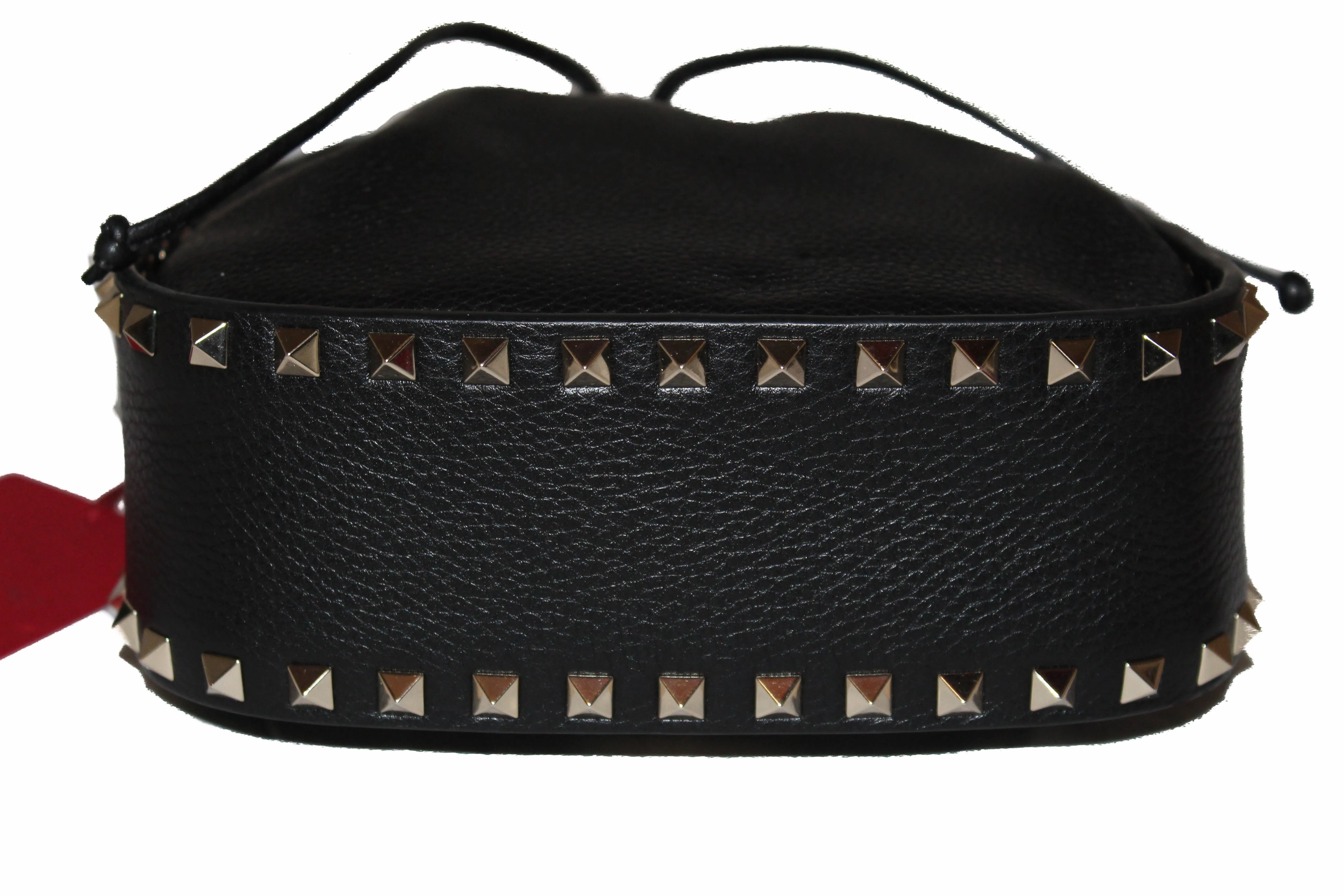 Authentic New Valentino Black Leather Small Rockstud Bucket Messenger Bag