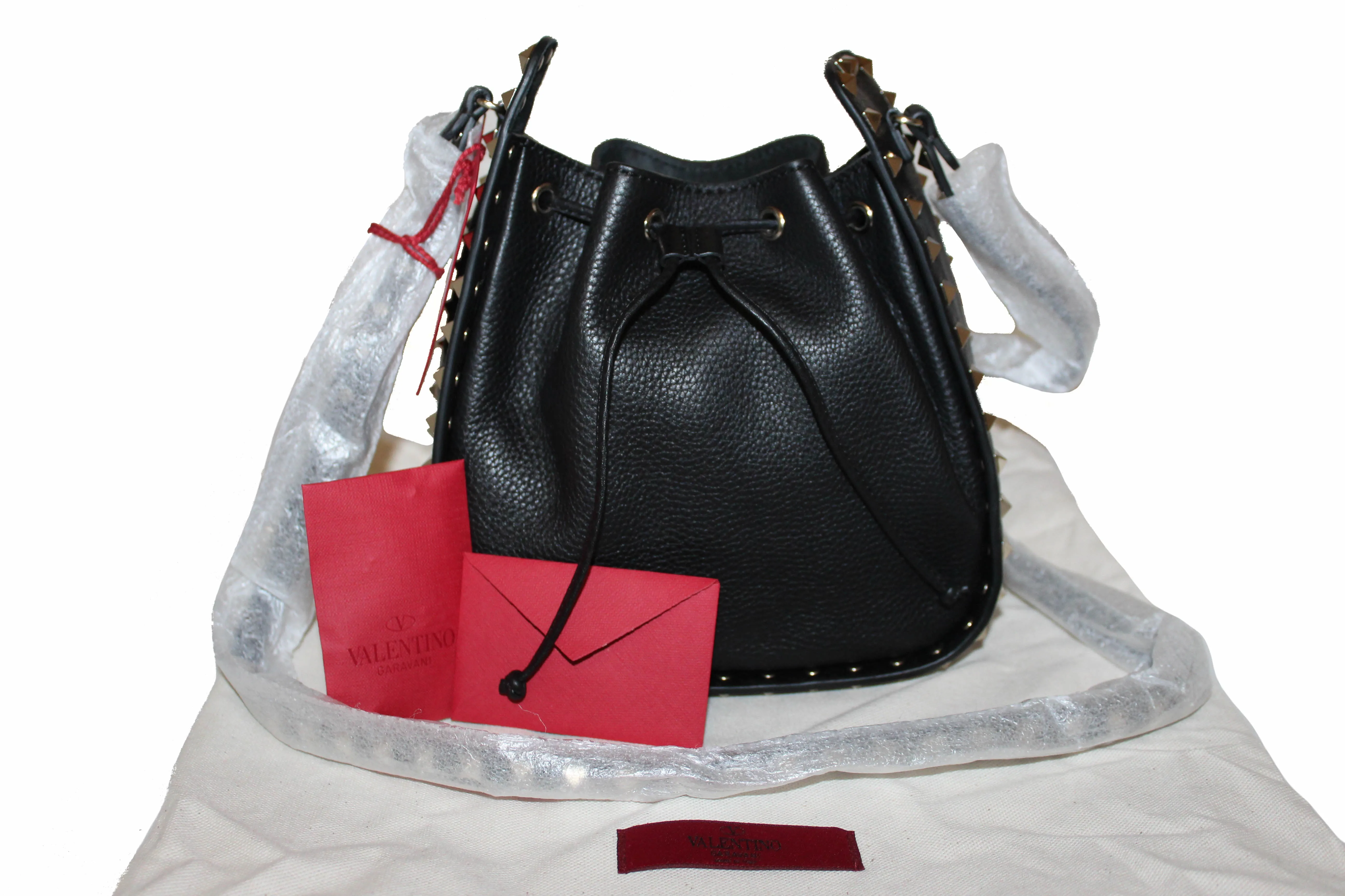 Authentic New Valentino Black Leather Small Rockstud Bucket Messenger Bag