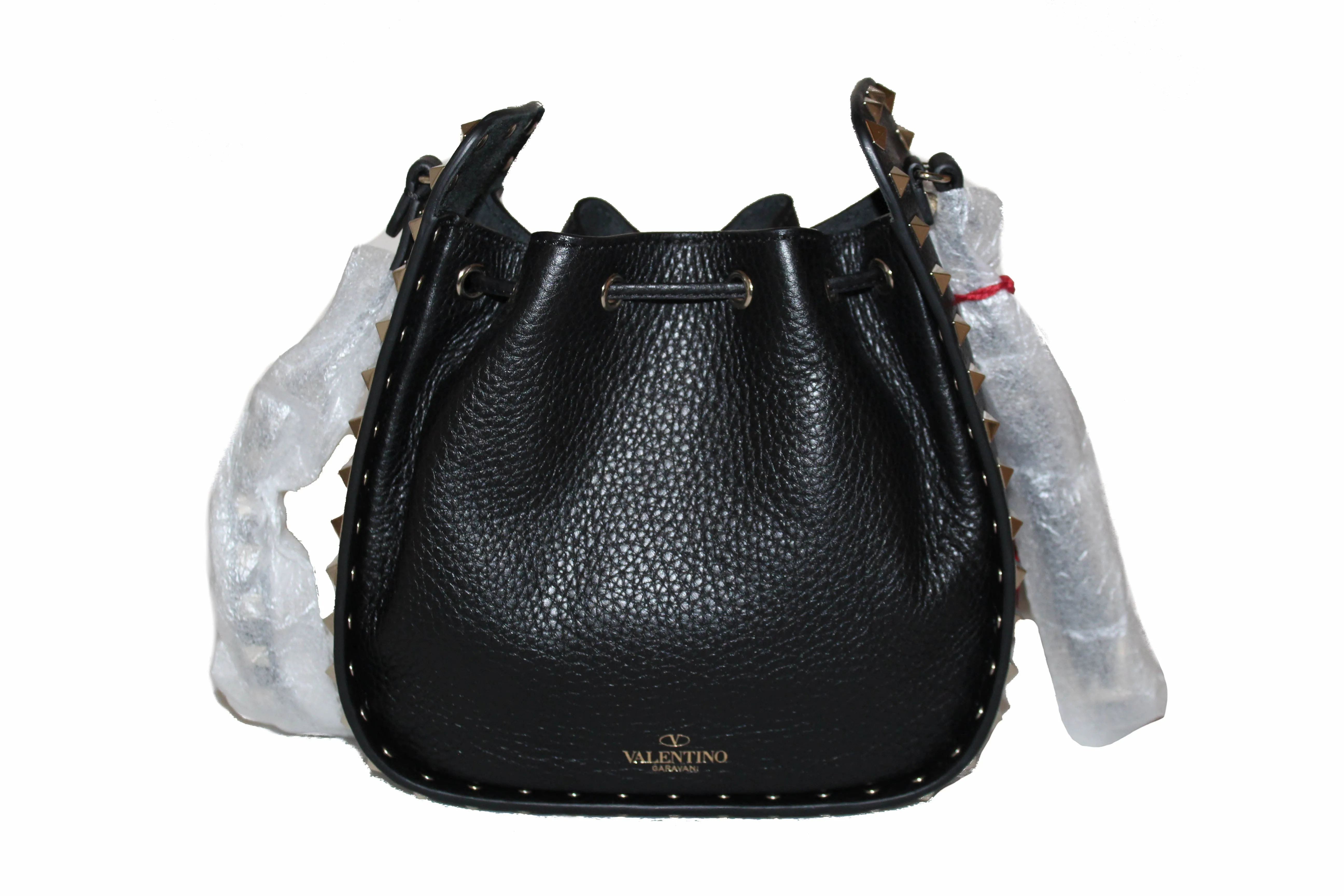 Authentic New Valentino Black Leather Small Rockstud Bucket Messenger Bag