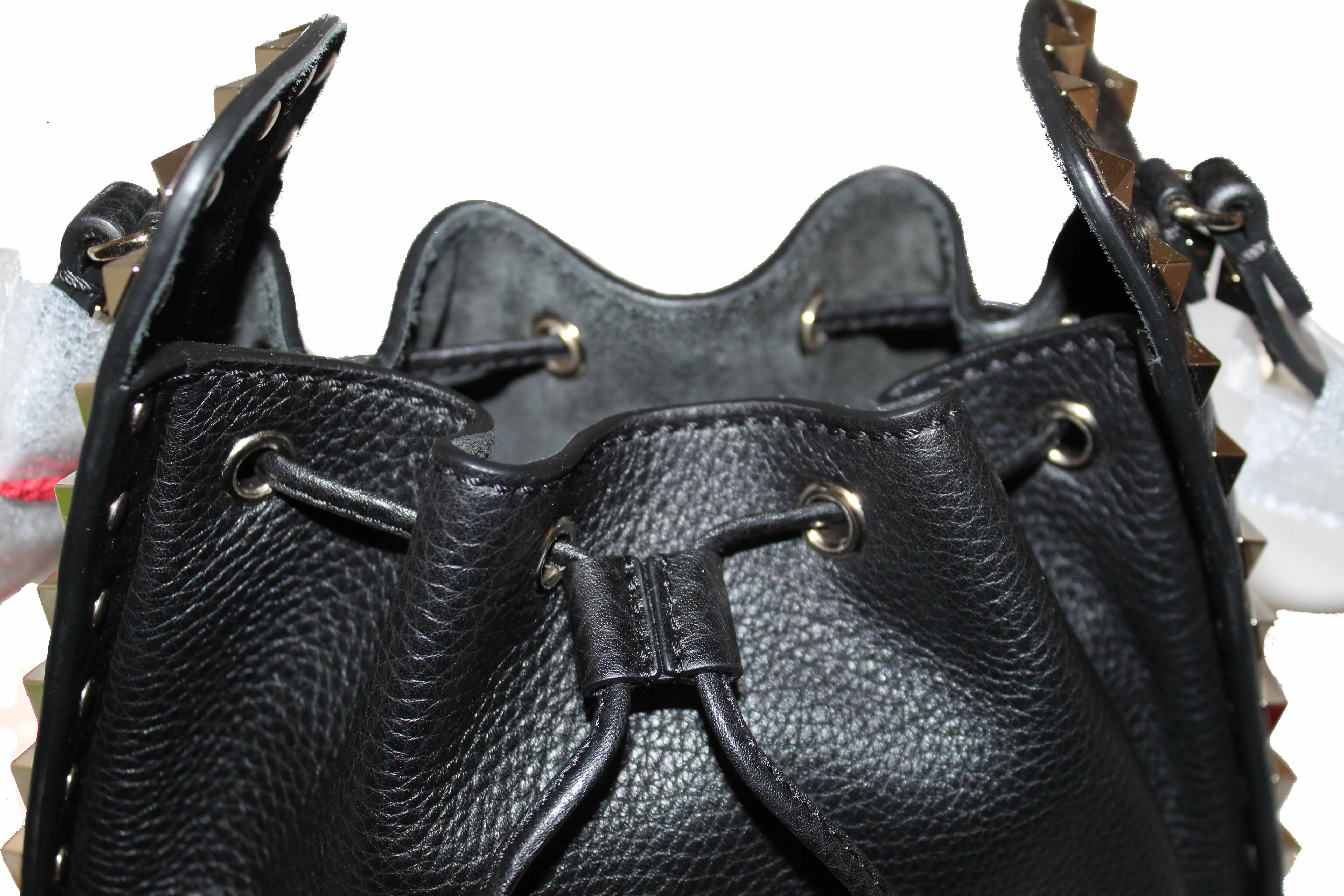 Authentic New Valentino Black Leather Small Rockstud Bucket Messenger Bag
