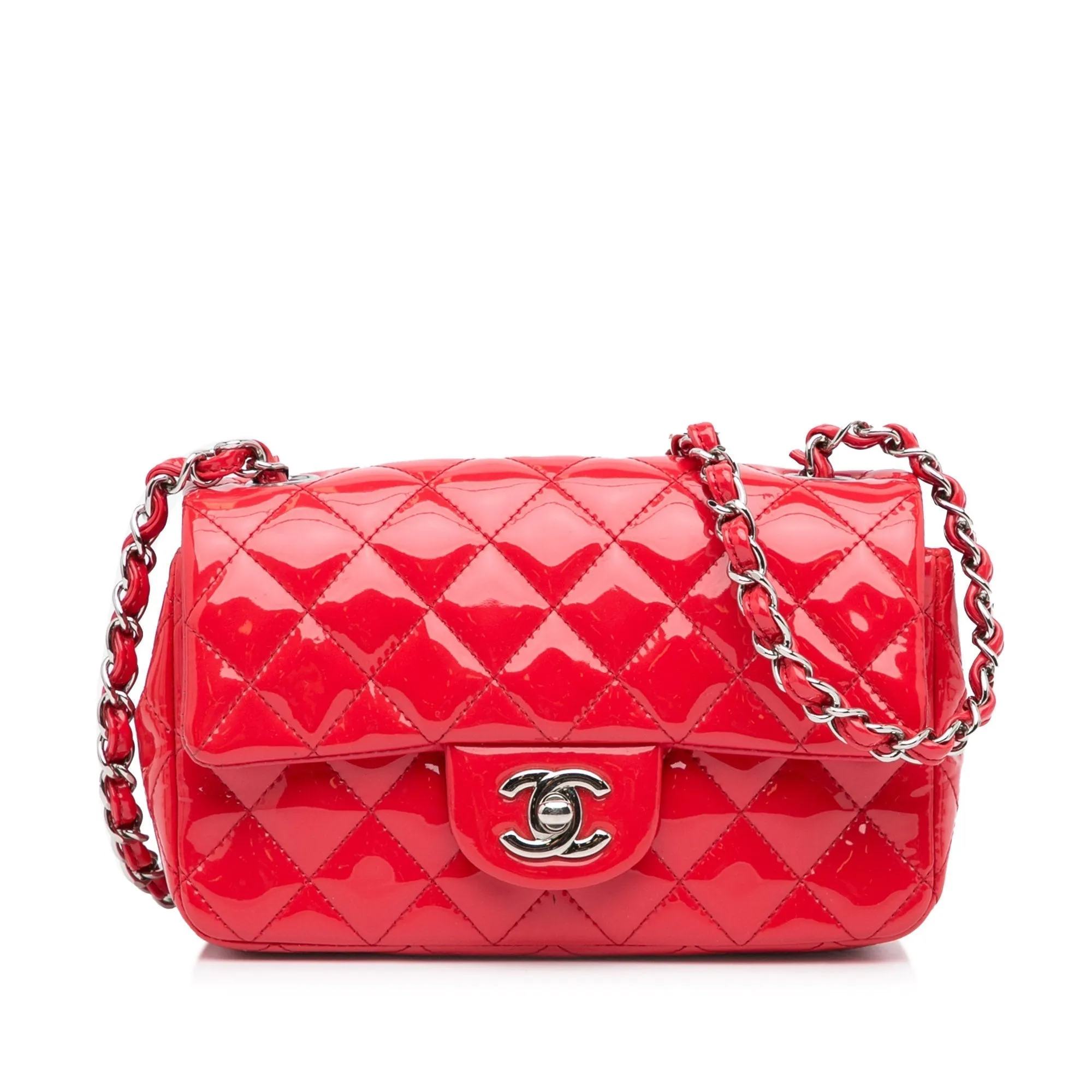 Chanel Classic Single Flap Mini Red Patent Leather Silver