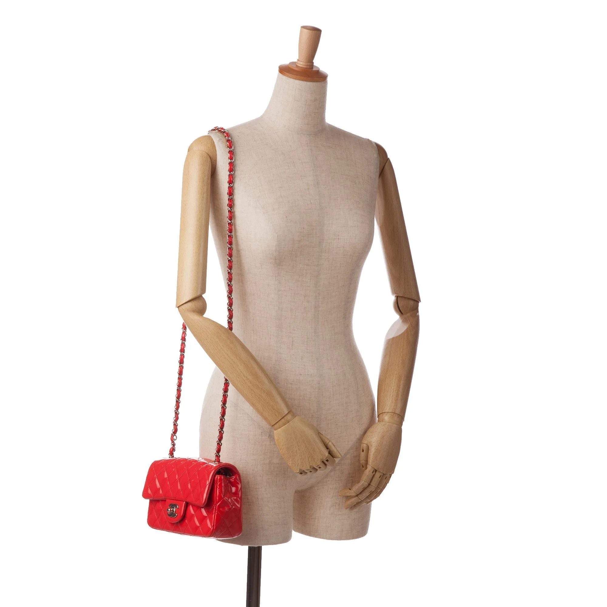 Chanel Classic Single Flap Mini Red Patent Leather Silver