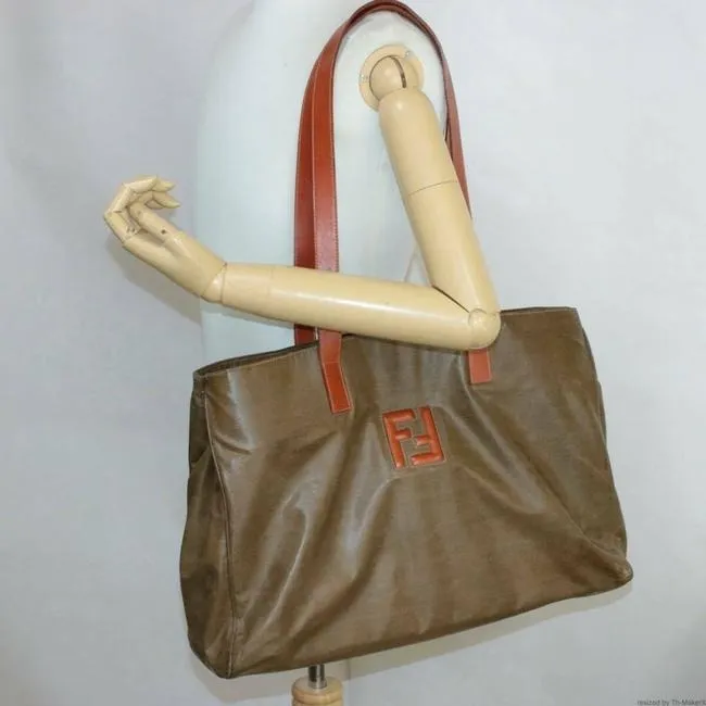 Fendi Tote Bag Xl Leathercoated Khaki Brownburnt Orange Leathercoated Canvas Satchel