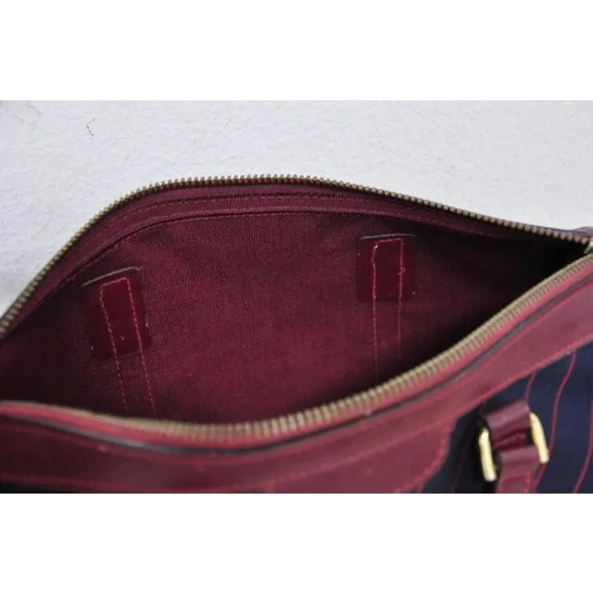 Gucci Navy Canvas w Red Diagonal Logo Print & Burgundy Leather Boston Bag