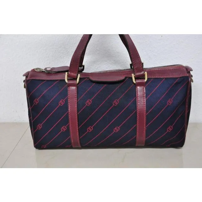 Gucci Navy Canvas w Red Diagonal Logo Print & Burgundy Leather Boston Bag