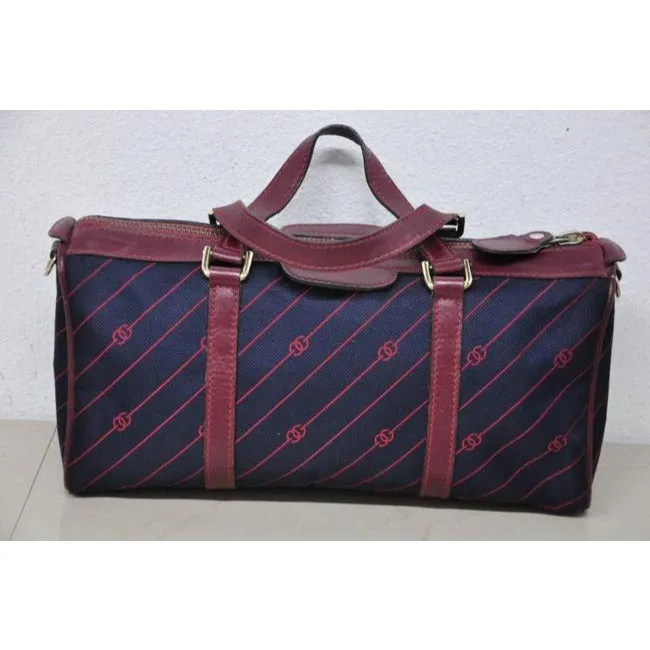 Gucci Navy Canvas w Red Diagonal Logo Print & Burgundy Leather Boston Bag