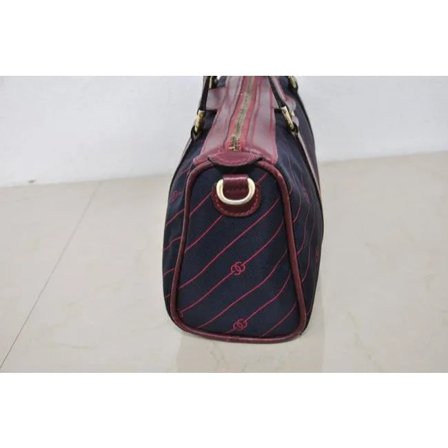 Gucci Navy Canvas w Red Diagonal Logo Print & Burgundy Leather Boston Bag