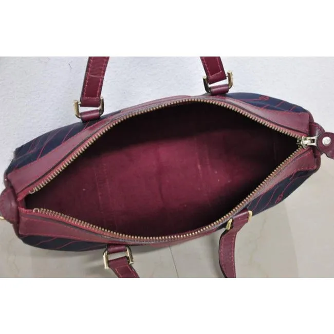 Gucci Navy Canvas w Red Diagonal Logo Print & Burgundy Leather Boston Bag