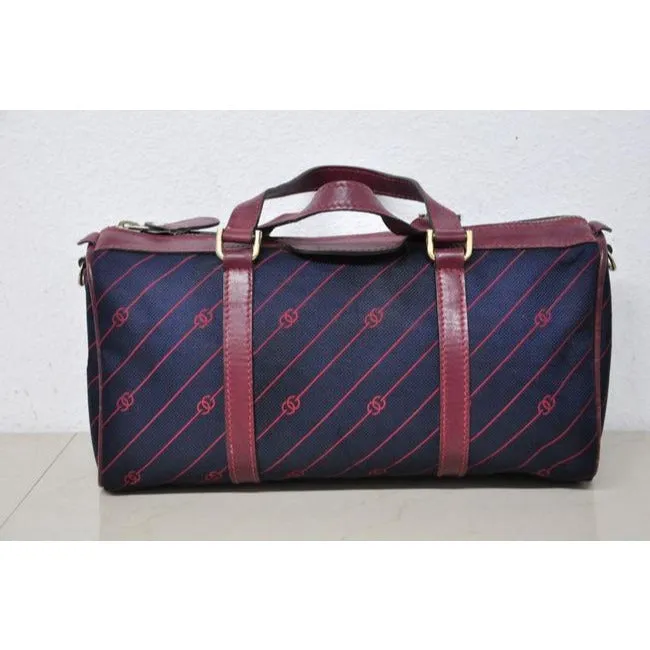 Gucci Navy Canvas w Red Diagonal Logo Print & Burgundy Leather Boston Bag