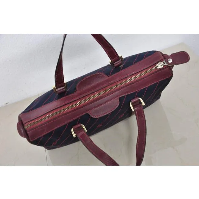 Gucci Navy Canvas w Red Diagonal Logo Print & Burgundy Leather Boston Bag