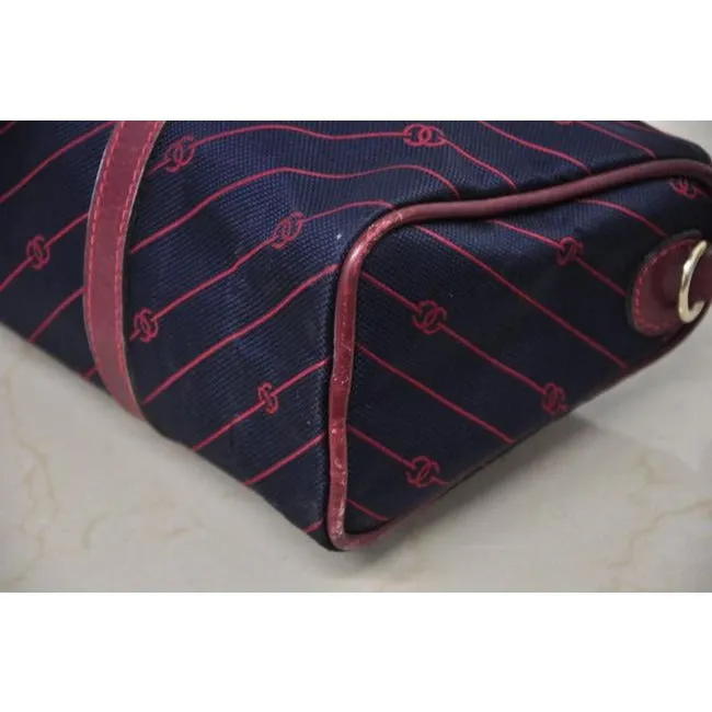Gucci Navy Canvas w Red Diagonal Logo Print & Burgundy Leather Boston Bag