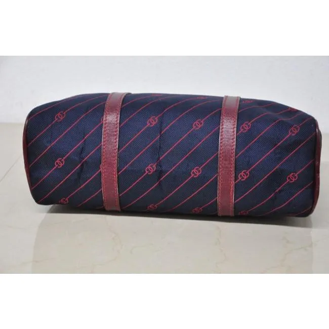 Gucci Navy Canvas w Red Diagonal Logo Print & Burgundy Leather Boston Bag