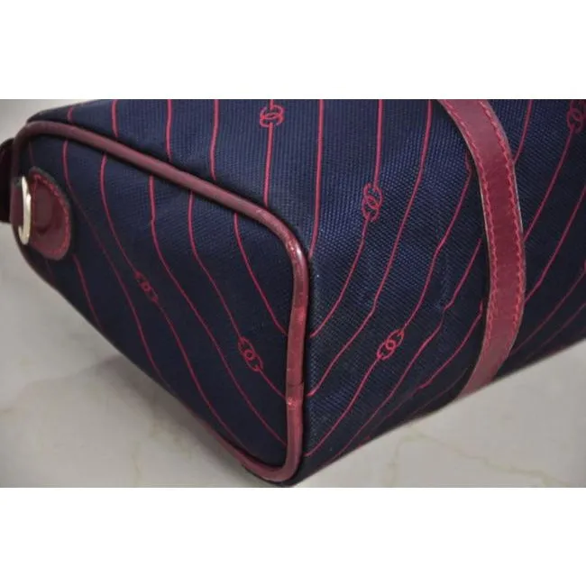 Gucci Navy Canvas w Red Diagonal Logo Print & Burgundy Leather Boston Bag