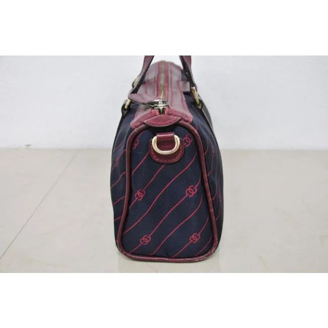 Gucci Navy Canvas w Red Diagonal Logo Print & Burgundy Leather Boston Bag