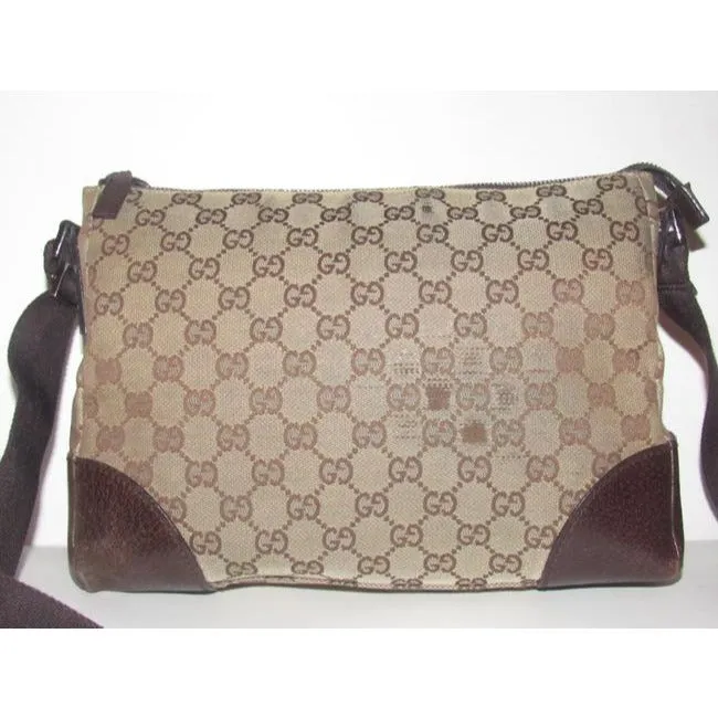 Gucci Vintage Shades Of Brown Large G Logo Leather Canvas Messenger Bag