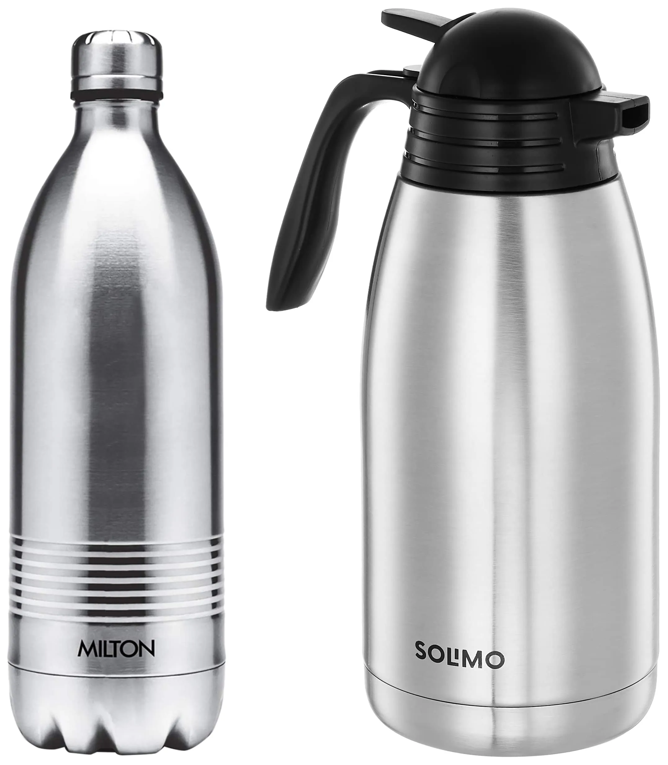 MILTON Thermo Steel Carafe Flask, 2 liters, Silver with Duo Deluxe-1000 Bottle Style Vacuum Flask, 1 Liter, Silver Combo