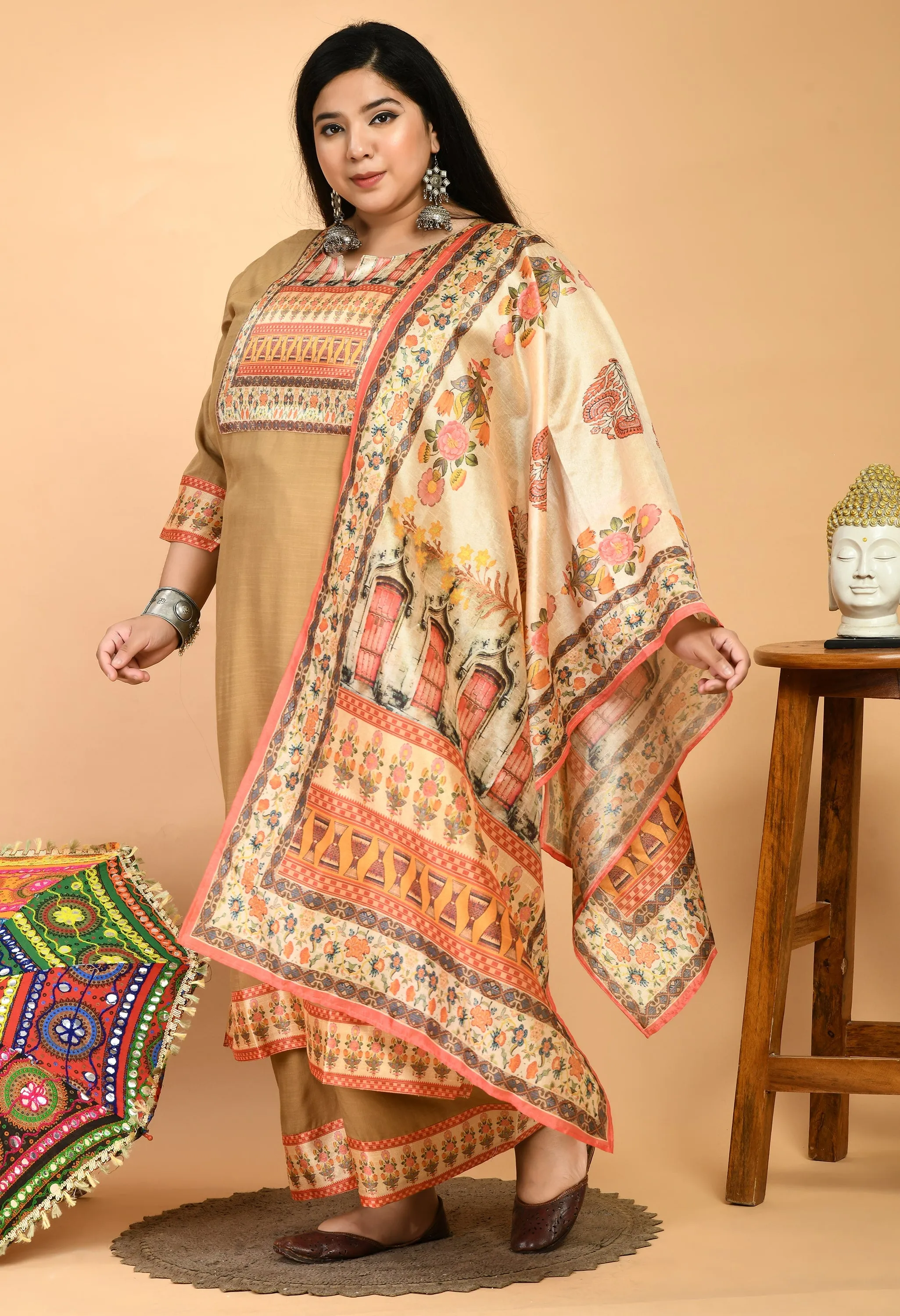 Plus Size Digital Printed Beige Kurta Palazzo Set with Dupatta