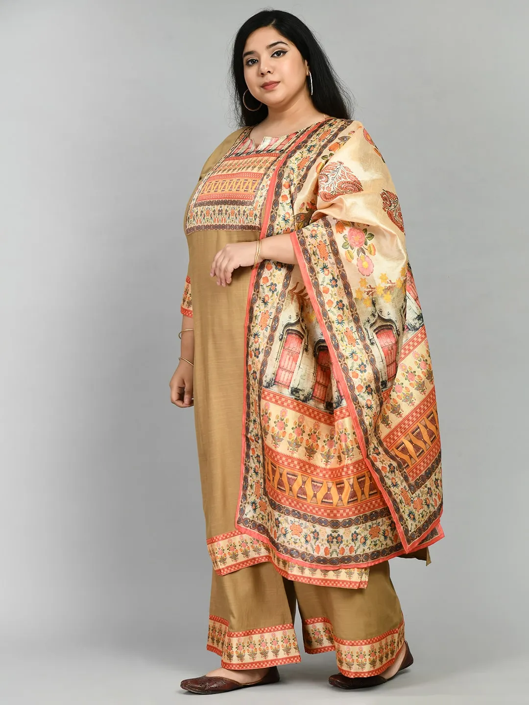 Plus Size Digital Printed Beige Kurta Palazzo Set with Dupatta