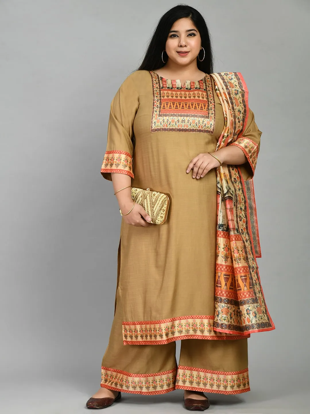 Plus Size Digital Printed Beige Kurta Palazzo Set with Dupatta