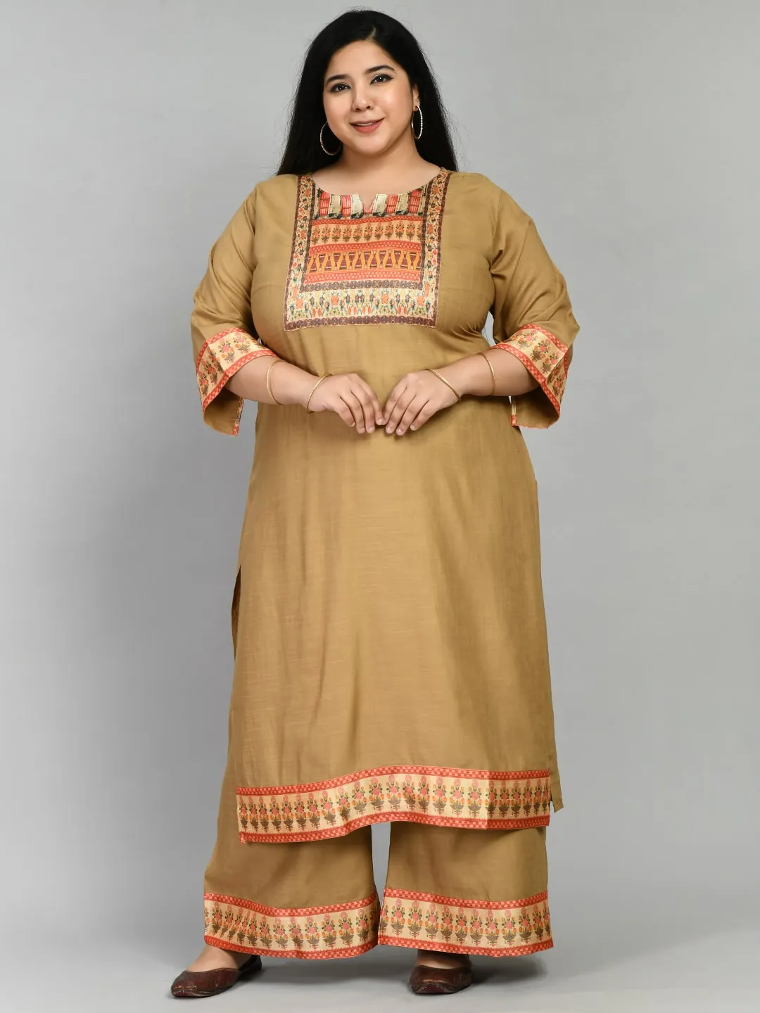 Plus Size Digital Printed Beige Kurta Palazzo Set with Dupatta