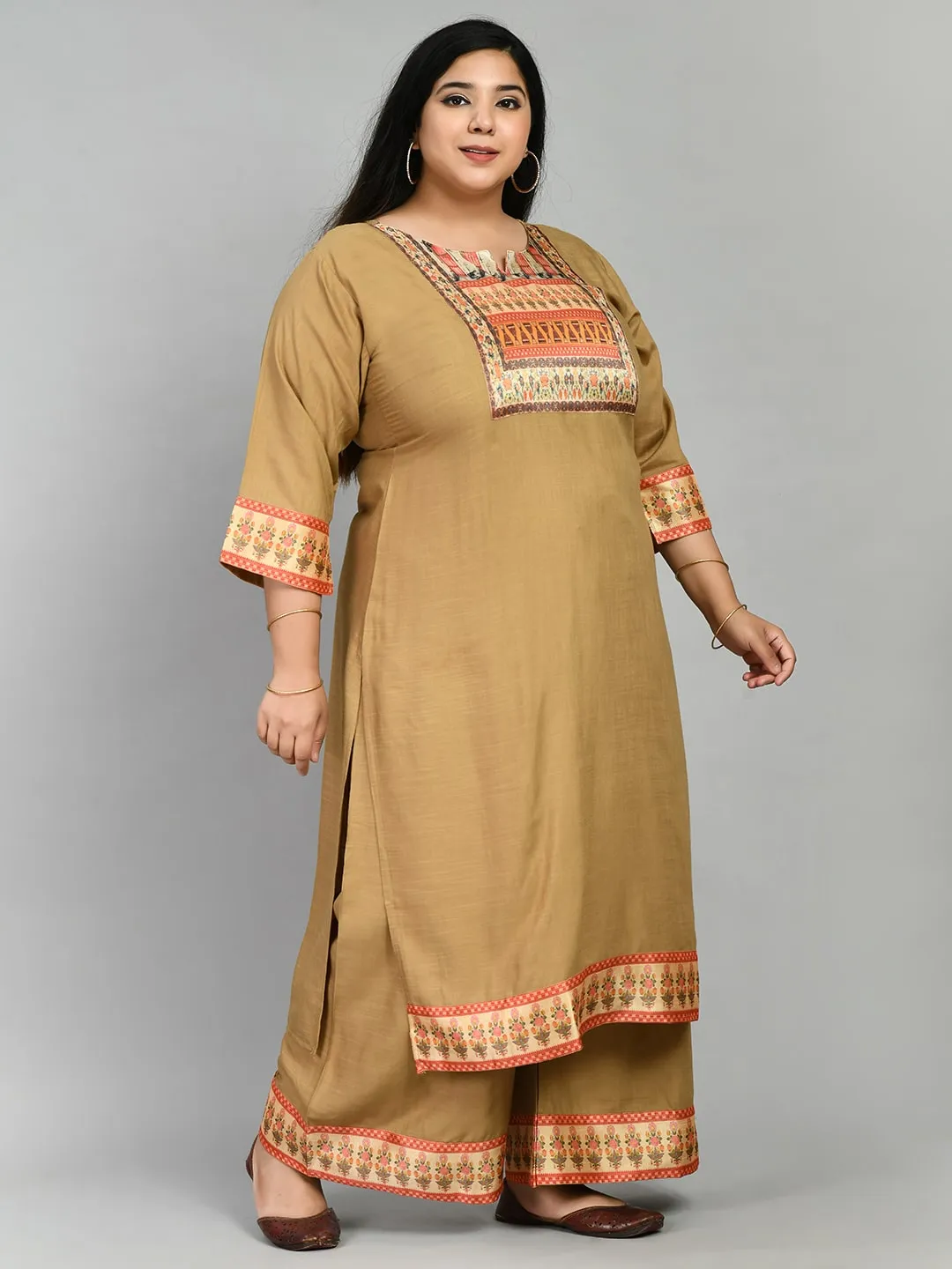 Plus Size Digital Printed Beige Kurta Palazzo Set with Dupatta