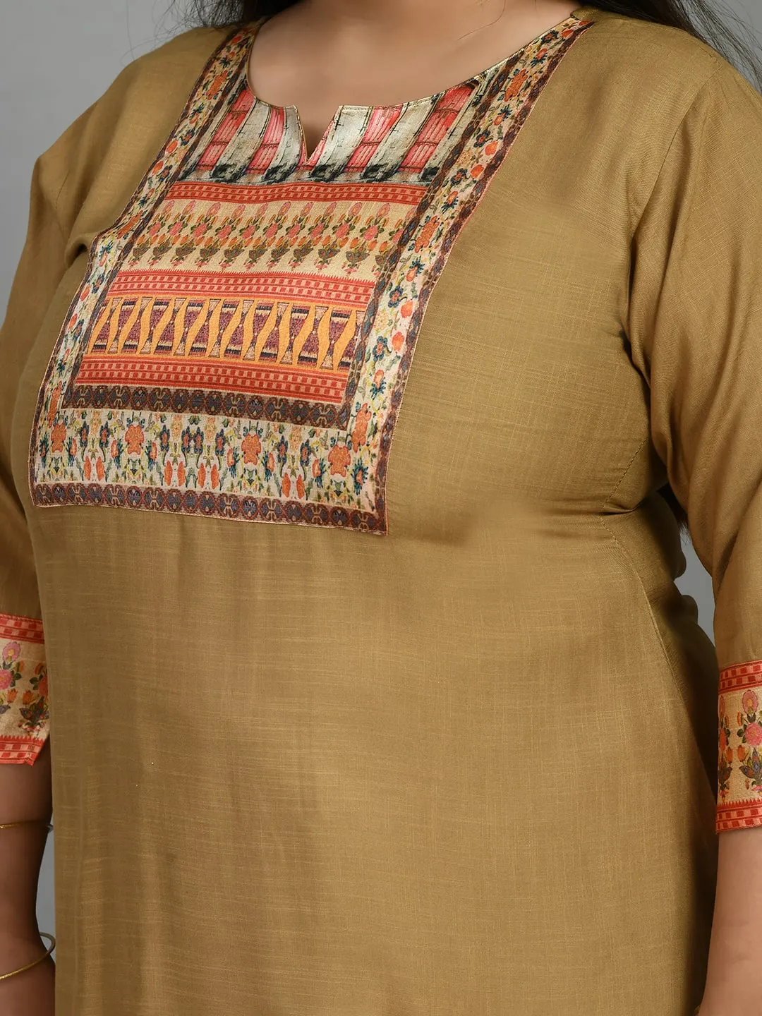 Plus Size Digital Printed Beige Kurta Palazzo Set with Dupatta