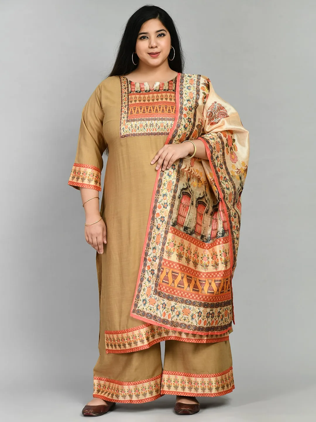 Plus Size Digital Printed Beige Kurta Palazzo Set with Dupatta