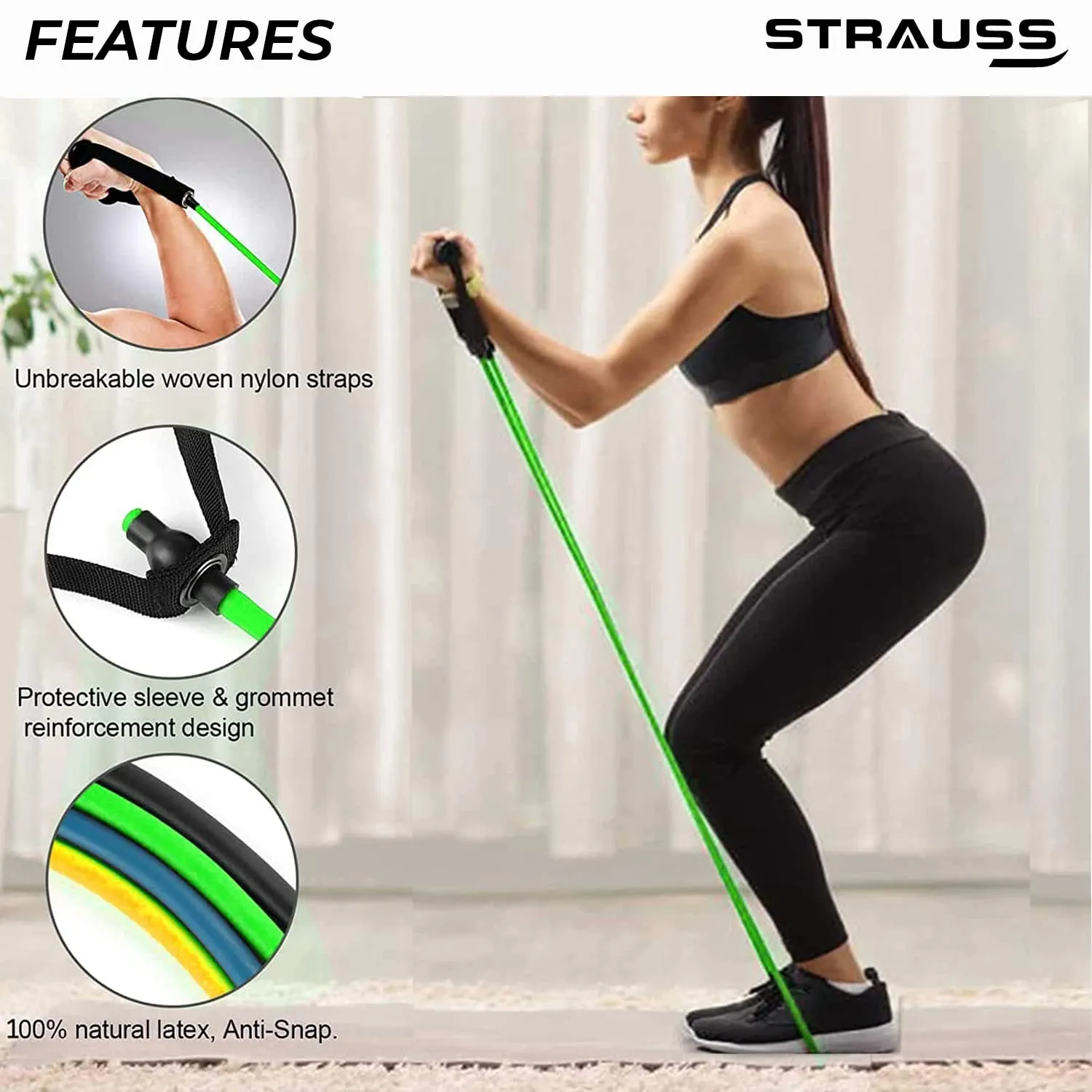 Strauss Triple Resistance Tube | Door Anchor for Exercise & Stretching | Gym Equipment for Strength Training, Home & Gym Workout for Men & Women with Carry Bag | 19 Kg,(Green)