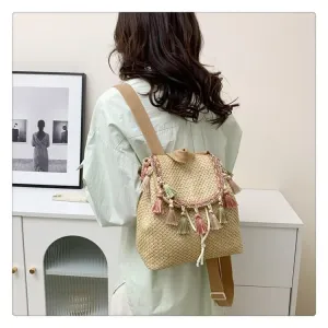 Tassel Decor String Straw Backpack-Showtown