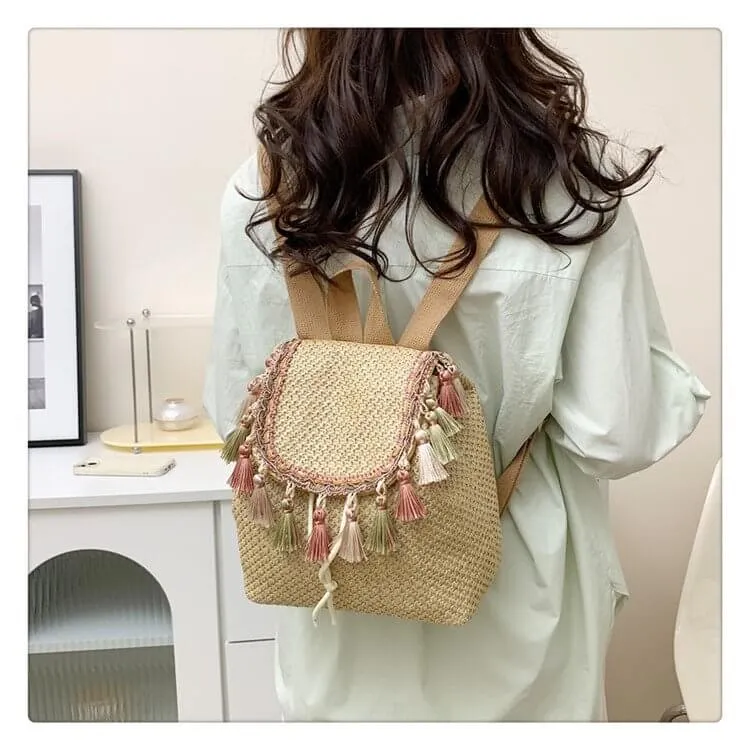 Tassel Decor String Straw Backpack-Showtown