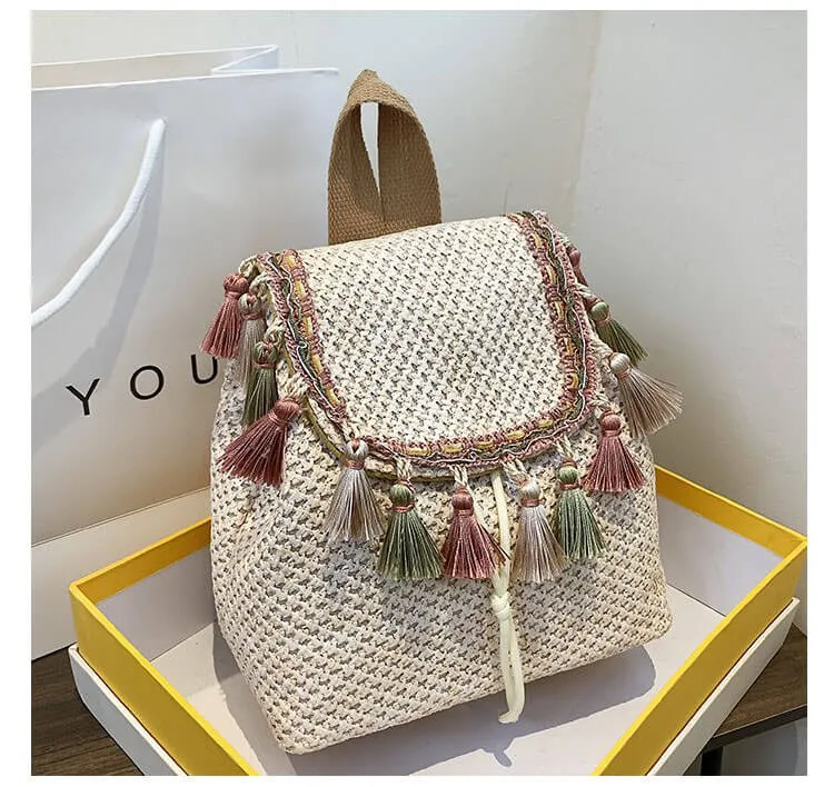 Tassel Decor String Straw Backpack-Showtown