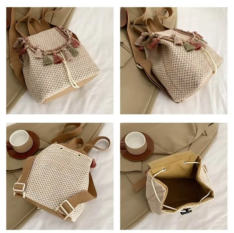 Tassel Decor String Straw Backpack-Showtown