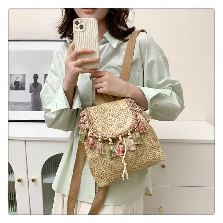 Tassel Decor String Straw Backpack-Showtown