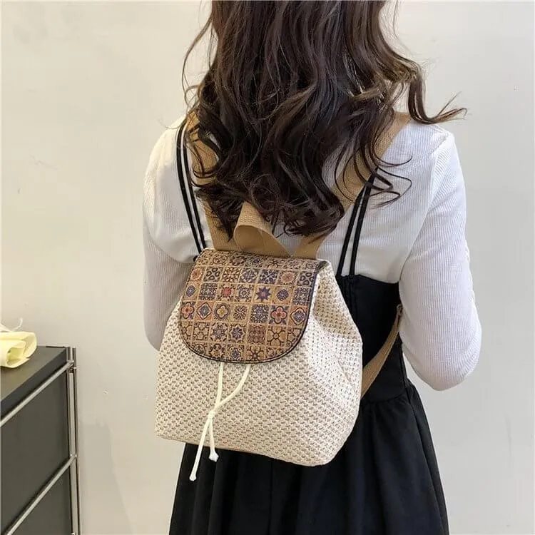 Tassel Decor String Straw Backpack-Showtown