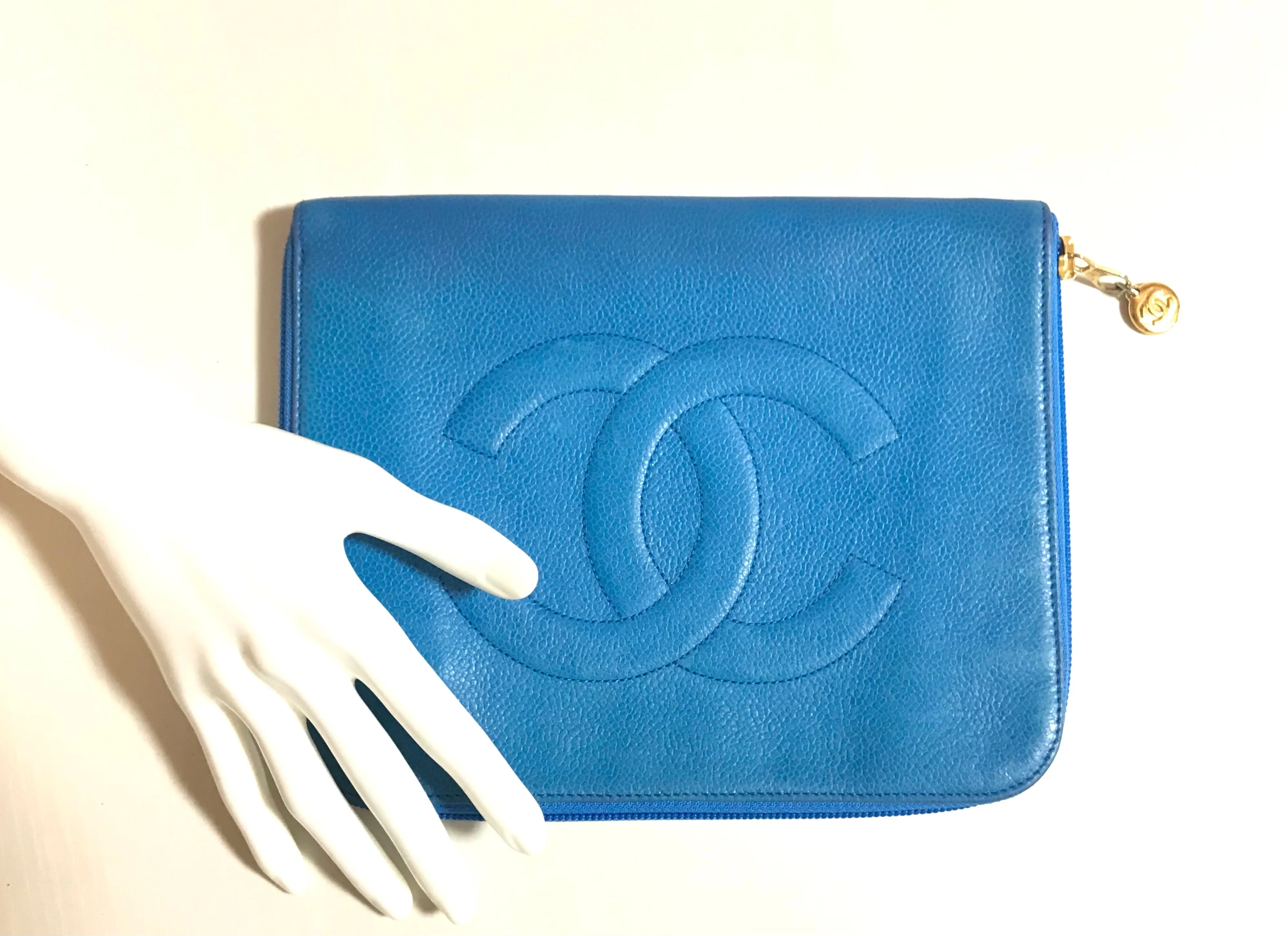 Vintage CHANEL blue caviar clutch bag, iPhone case, large wallet, cosmetic case pouch, mini bag. Best purse for daily use. 0506308
