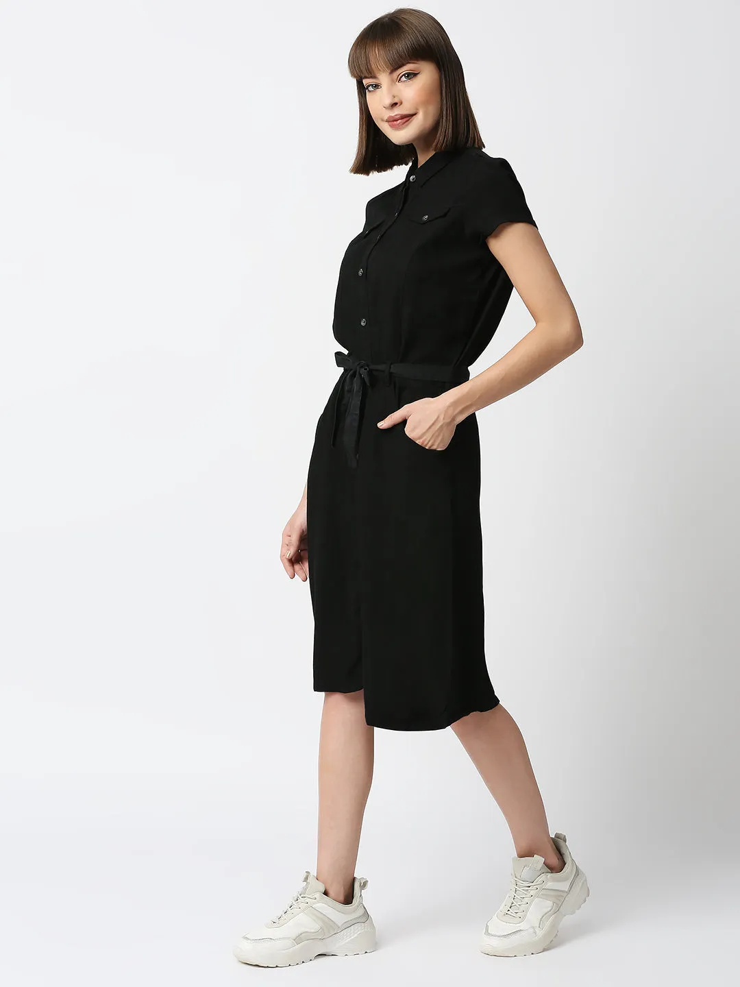 Women Slim Fit With Flap Pockets Shirt Dress